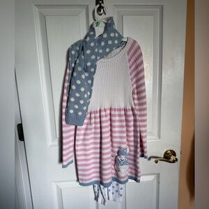 Cynthia Rowley - White and Blue Knit Snowman Sweater Dress with Leggings & Scarf